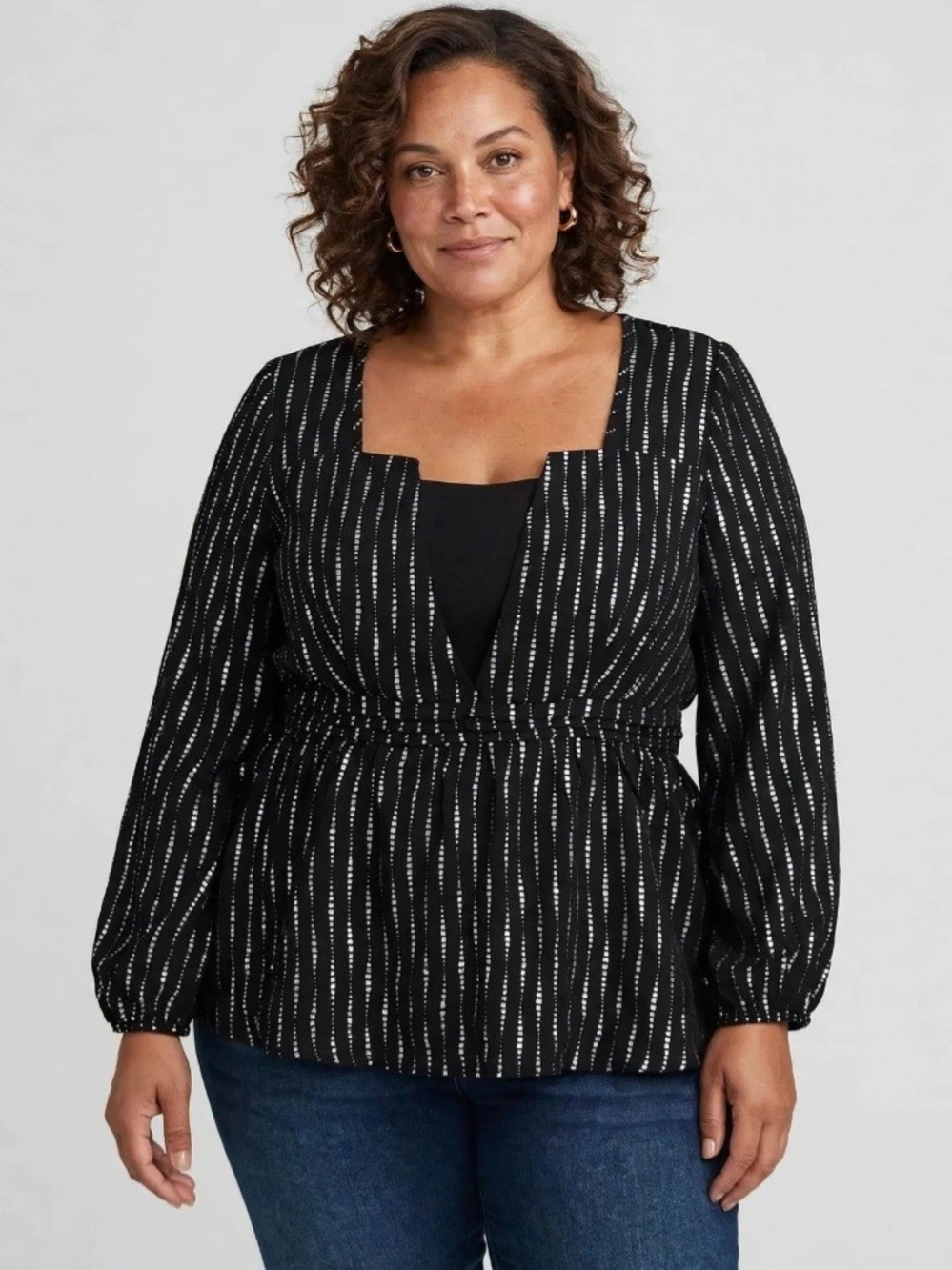 NWT BloomChic 18-20 2X Black White Dotted Stripe Smocked Waist Peplum Blouse